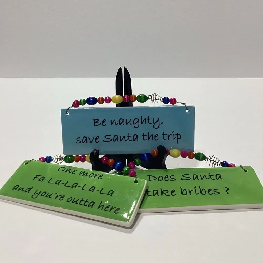 Tumbleweed Pottery Beaded Snarky Christmas Ceramic Decorations Lot of 3